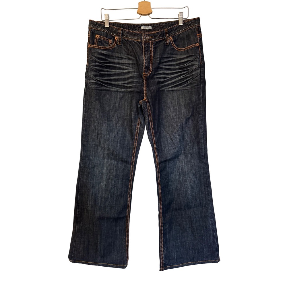Style & Co Womens Dark Wash Flare Leg Jeans Whiskered Orange Stitch Size 14